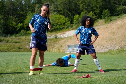 Crans-Montana, Switzerland - July 25: Chaney Amanda (22 SFCCF) and Cardia Mickaella Francoise Halooa (12 SFCCF) during the AXA Women's Super League match between Servette FC Chenois Feminin and FC Sion Feminin at Stade du Christ-Roi on July 25, 2026 in Crans-Montana, Switzerland.