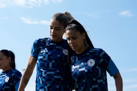 Crans-Montana, Switzerland - July 25: De al m da Eira Stefanie (64 SFCCF) and Daina Bourma (3 SFCCF) during the AXA Women's Super League match between Servette FC Chenois Feminin and FC Sion Feminin at Stade du Christ-Roi on July 25, 2026 in Crans-Montana, Switzerland.