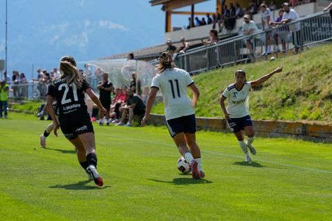 Crans-Montana, Switzerland - July 25: Magdalena Izabela Sobal (11 SFCCF) and Daina Bourma (3 SFCCF) during the AXA Women's Super League match between Servette FC Chenois Feminin and FC Sion Feminin at Stade du Christ-Roi on July 25, 2026 in Crans-Montana, Switzerland.