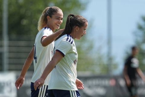 Crans-Montana, Switzerland - July 25: De al m da Eira Stefanie (64 SFCCF) celebrates with Magdalena Izabela Sobal (11 SFCCF) after a goal during the AXA Women's Super League match between Servette FC Chenois Feminin and FC Sion Feminin at Stade du Christ-Roi on July 25, 2026 in Crans-Montana, Switzerland.