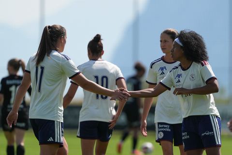 Crans-Montana, Switzerland - July 25: Cardia Mickaella Francoise Halooa (12 SFCCF) celebrates with Magdalena Izabela Sobal (11 SFCCF) after a goal during the AXA Women's Super League match between Servette FC Chenois Feminin and FC Sion Feminin at Stade du Christ-Roi on July 25, 2026 in Crans-Montana, Switzerland.