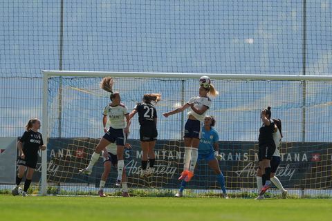Crans-Montana, Switzerland - July 25: De al m da Eira Stefanie (64 SFCCF) with a headball during the AXA Women's Super League match between Servette FC Chenois Feminin and FC Sion Feminin at Stade du Christ-Roi on July 25, 2026 in Crans-Montana, Switzerland.