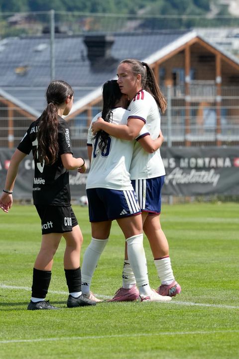Crans-Montana, Switzerland - July 25: Magdalena Izabela Sobal (11 SFCCF) celebrates with Terchoun Meriame (25 SFCCF) during the AXA Women's Super League match between Servette FC Chenois Feminin and FC Sion Feminin at Stade du Christ-Roi on July 25, 2026 in Crans-Montana, Switzerland.