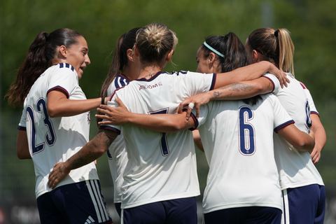 Crans-Montana, Switzerland - July 25: Hernandez Diaz Paola (6 SFCCF) celebrates her goal with the team during the AXA Women's Super League match between Servette FC Chenois Feminin and FC Sion Feminin at Stade du Christ-Roi on July 25, 2026 in Crans-Montana, Switzerland.
