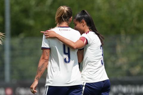 Crans-Montana, Switzerland - July 25: Daina Bourma (3 SFCCF) celebrates with Gloria Marinelli (9 SFCCF) during the AXA Women's Super League match between Servette FC Chenois Feminin and FC Sion Feminin at Stade du Christ-Roi on July 25, 2026 in Crans-Montana, Switzerland.