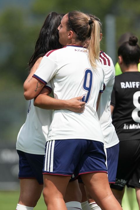 Crans-Montana, Switzerland - July 25: Gloria Marinelli (9 SFCCF) celebrates her goal with Hernandez Diaz Paola (6 SFCCF) during the AXA Women's Super League match between Servette FC Chenois Feminin and FC Sion Feminin at Stade du Christ-Roi on July 25, 2026 in Crans-Montana, Switzerland.