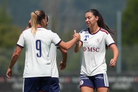 Crans-Montana, Switzerland - July 25: Lea Magali Sergeant-huet (16 SFCCF) celebrates her goal with Gloria Marinelli (9 SFCCF) during the AXA Women's Super League match between Servette FC Chenois Feminin and FC Sion Feminin at Stade du Christ-Roi on July 25, 2026 in Crans-Montana, Switzerland.