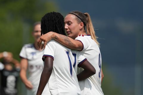 Crans-Montana, Switzerland - July 25: Gloria Marinelli (9 SFCCF) celebrates with Garance Nein (17 SFCCF) her goal during the AXA Women's Super League match between Servette FC Chenois Feminin and FC Sion Feminin at Stade du Christ-Roi on July 25, 2026 in Crans-Montana, Switzerland.