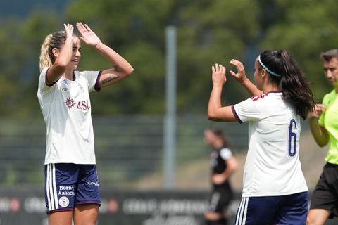 Crans-Montana, Switzerland - July 25: De al m da Eira Stefanie (64 SFCCF) celebrates the goal of Hernandez Diaz Paola (6 SFCCF) with her during the AXA Women's Super League match between Servette FC Chenois Feminin and FC Sion Feminin at Stade du Christ-Roi on July 25, 2026 in Crans-Montana, Switzerland.