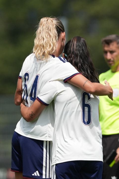 Crans-Montana, Switzerland - July 25: De al m da Eira Stefanie (64 SFCCF) celebrates the goal of Hernandez Diaz Paola (6 SFCCF) with her during the AXA Women's Super League match between Servette FC Chenois Feminin and FC Sion Feminin at Stade du Christ-Roi on July 25, 2026 in Crans-Montana, Switzerland.