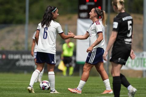 Crans-Montana, Switzerland - July 25: Gloria Marinelli (9 SFCCF) celebrates the goal of Hernandez Diaz Paola (6 SFCCF) with her during the AXA Women's Super League match between Servette FC Chenois Feminin and FC Sion Feminin at Stade du Christ-Roi on July 25, 2026 in Crans-Montana, Switzerland.
