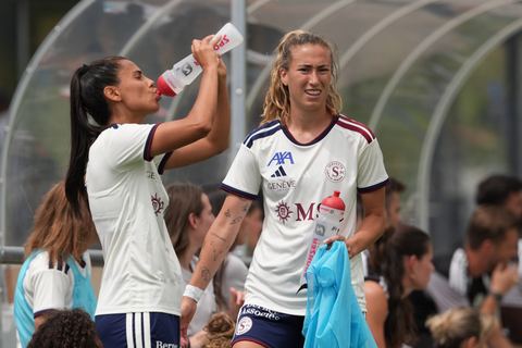 Crans-Montana, Switzerland - July 25: De al m da Eira Stefanie (64 SFCCF) and Daina Bourma (3 SFCCF) after substitute during the AXA Women's Super League match between Servette FC Chenois Feminin and FC Sion Feminin at Stade du Christ-Roi on July 25, 2026 in Crans-Montana, Switzerland.