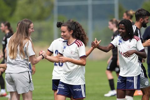 Crans-Montana, Switzerland - July 25: Camila Mingard (37 SFCCF) and Garance Nein (17 SFCCF) after the AXA Women's Super League match between Servette FC Chenois Feminin and FC Sion Feminin at Stade du Christ-Roi on July 25, 2026 in Crans-Montana, Switzerland.